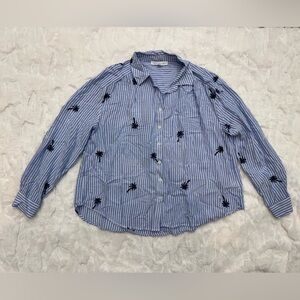Jane + Delancey Blue Striped Button-Up Shirt with Palm Tree Embroidery